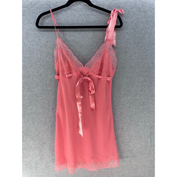 Victoria's Secret Women's sz S Lace Trim Nightie Lingerie Coral Pink Ribbon Tie - Picture 1 of 8